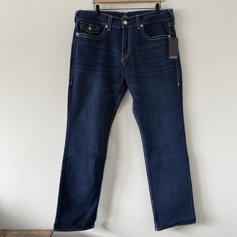 True Religions Ricky Big T Flap Straight Jeans Mens 38x34 Relaxed Dark Artic
